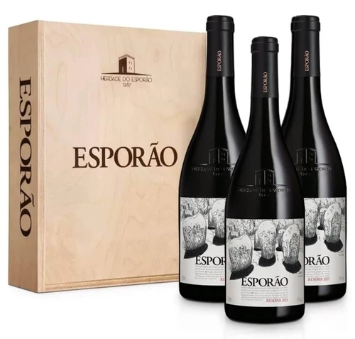 0 - Box Esporão Reserva Tinto 2021 3gfs + Caixa De Madeira 750ml