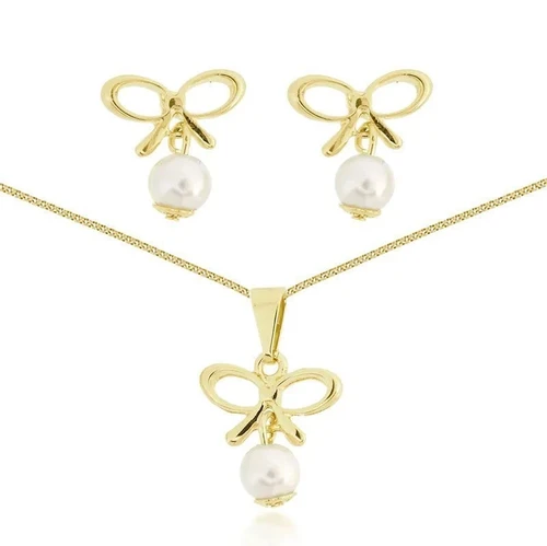 Conjunto Dourado Lacinho Com Pérola