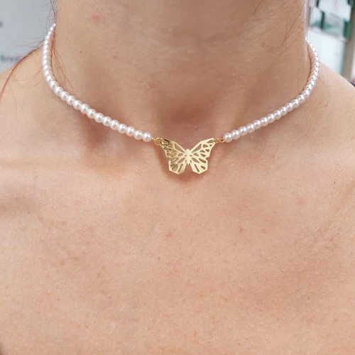 Chocker Dourada Pérolas Com Borboleta Vazada