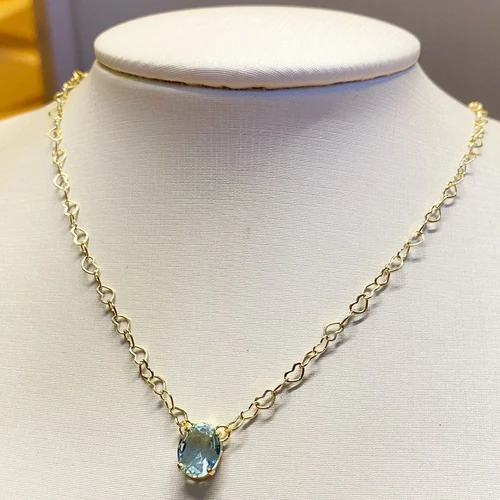 Gargantilha Dourada Elo Coração Pingente Oval Aquamarine
